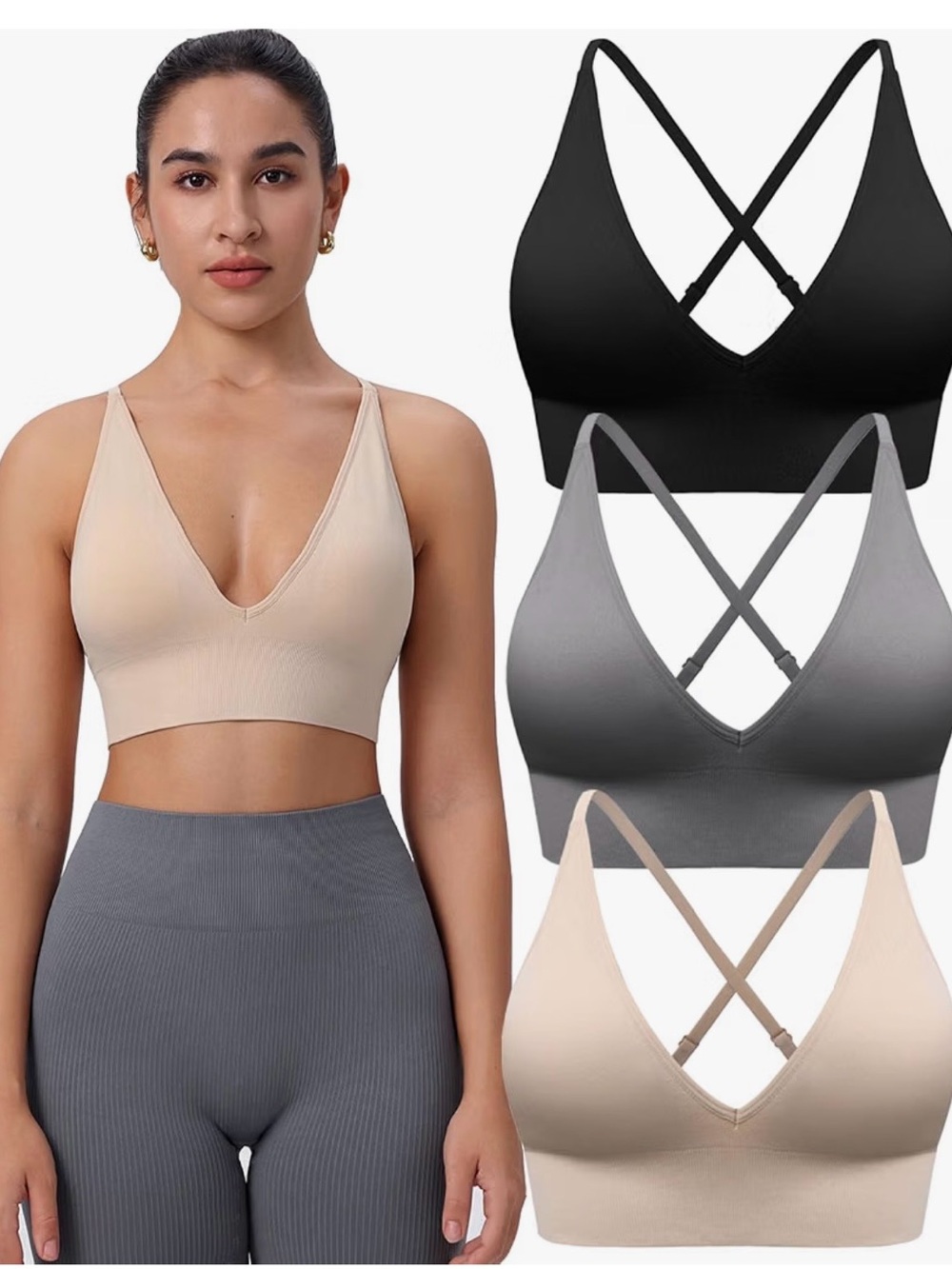 Everyday Seamless V-Neck Bralette - Black, Gray & Nude